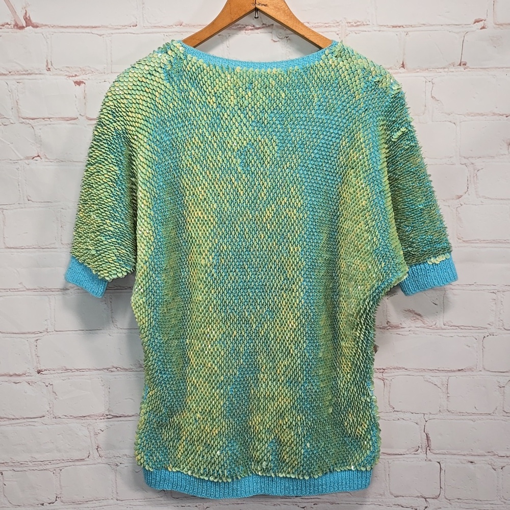 Teal/Lime Green Razzle Dazzle Sequin Blouse Size M - Picture 1 of 14